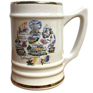 Vermont Beer Stein Mug Cup Collectible Gold Trim 6” Tall